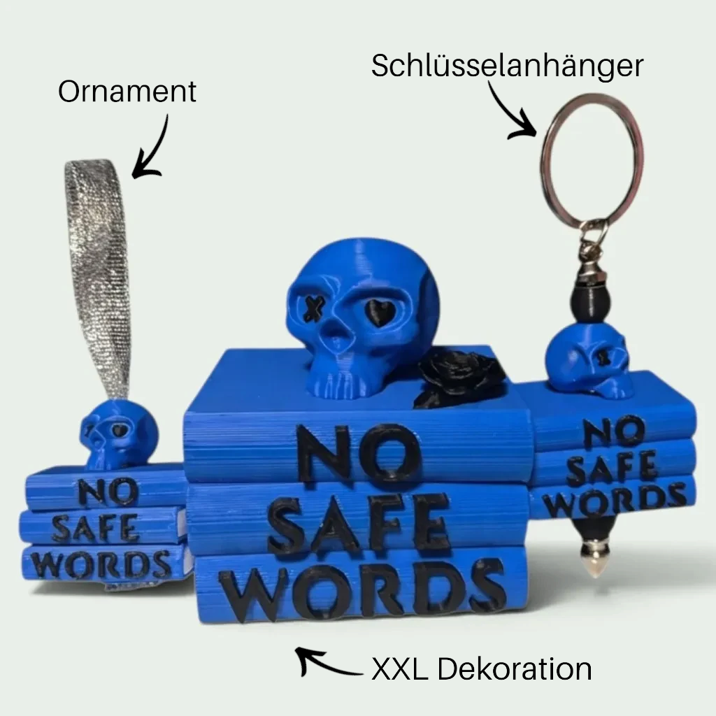 Verleihe deinem Bücherregal, deinem Schlüsselbund oder deinem Weihnachtsbaum den perfekten Dark-Romance-Vibe! Dieses liebevoll gestaltete "No Safe Words" Book Pile mit Totenkopf-Details ist ein absoluter Hingucker für alle Buchliebhaber.