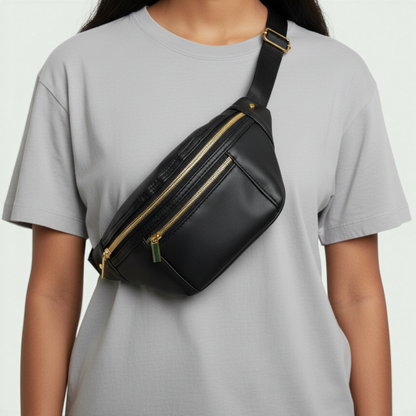 Schneckenschmiede Bauchtasche aus schwarzem Kunstleder mit goldenen Reißverschlüssen, quer über der Brust getragen.