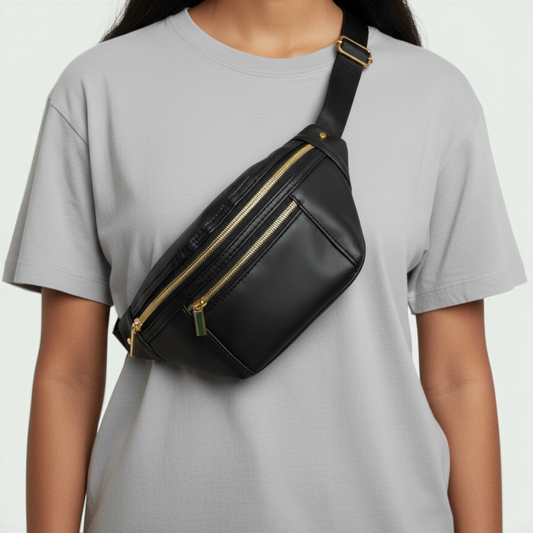 Schneckenschmiede Bauchtasche aus schwarzem Kunstleder mit goldenen Reißverschlüssen, quer über der Brust getragen.