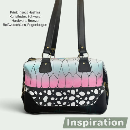 Schneckenschmiede Brooklyn Umhängetasche mit Insect Hashira Print, schwarzem Kunstleder und Regenbogen-Reißverschluss