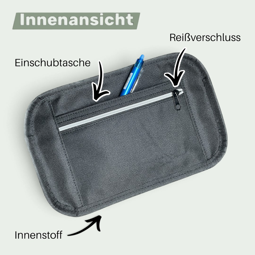 Schneckenschmiede Umhängetasche Catalina Innenansicht mit schwarzem Reißverschlussfach und Stift