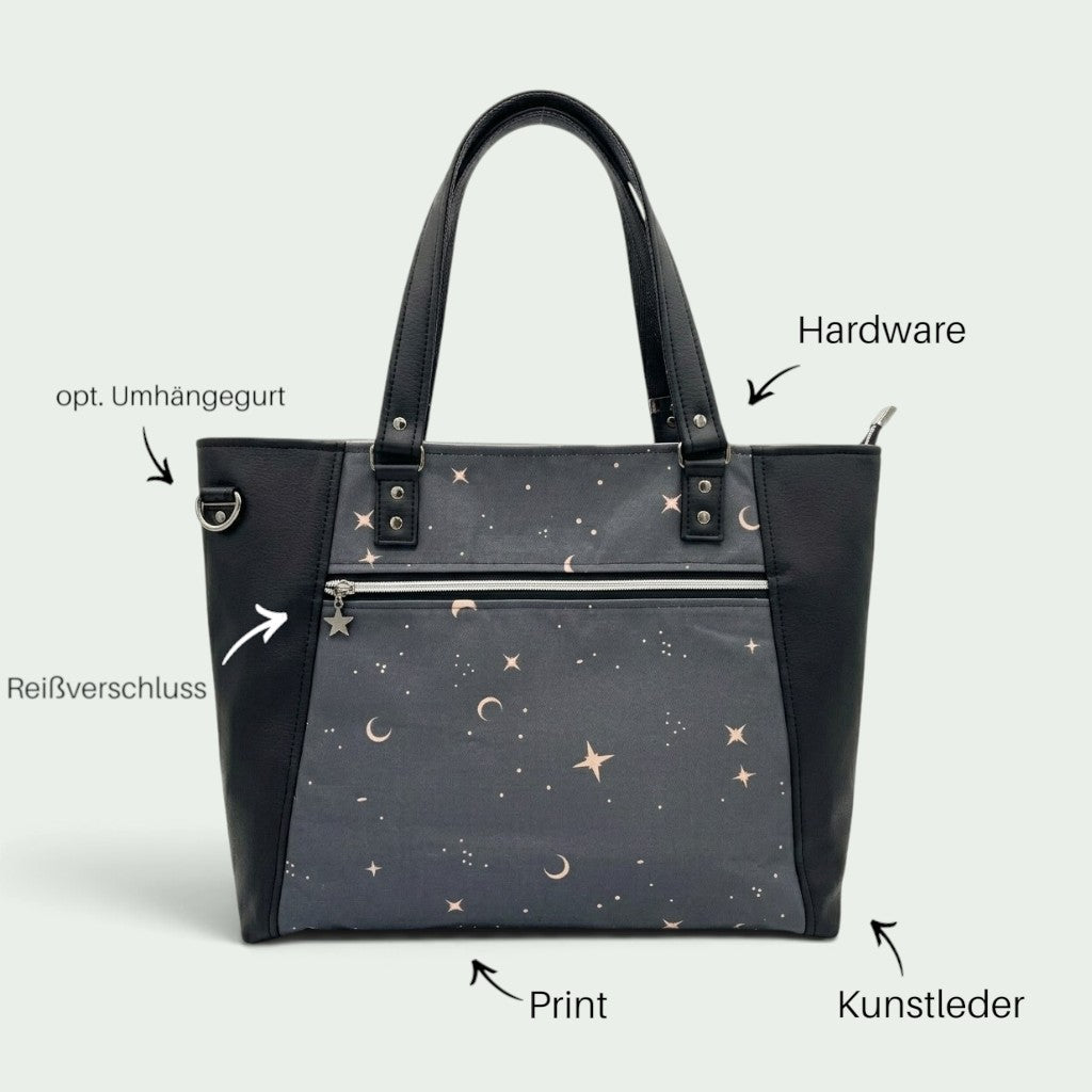 Schneckenschmiede Everyday Shopper Handtasche mit Sternenmuster, schwarzem Kunstleder und praktischem Reißverschluss