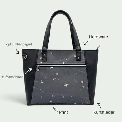 Schneckenschmiede Everyday Shopper Handtasche mit Sternenmuster, schwarzem Kunstleder und praktischem Reißverschluss