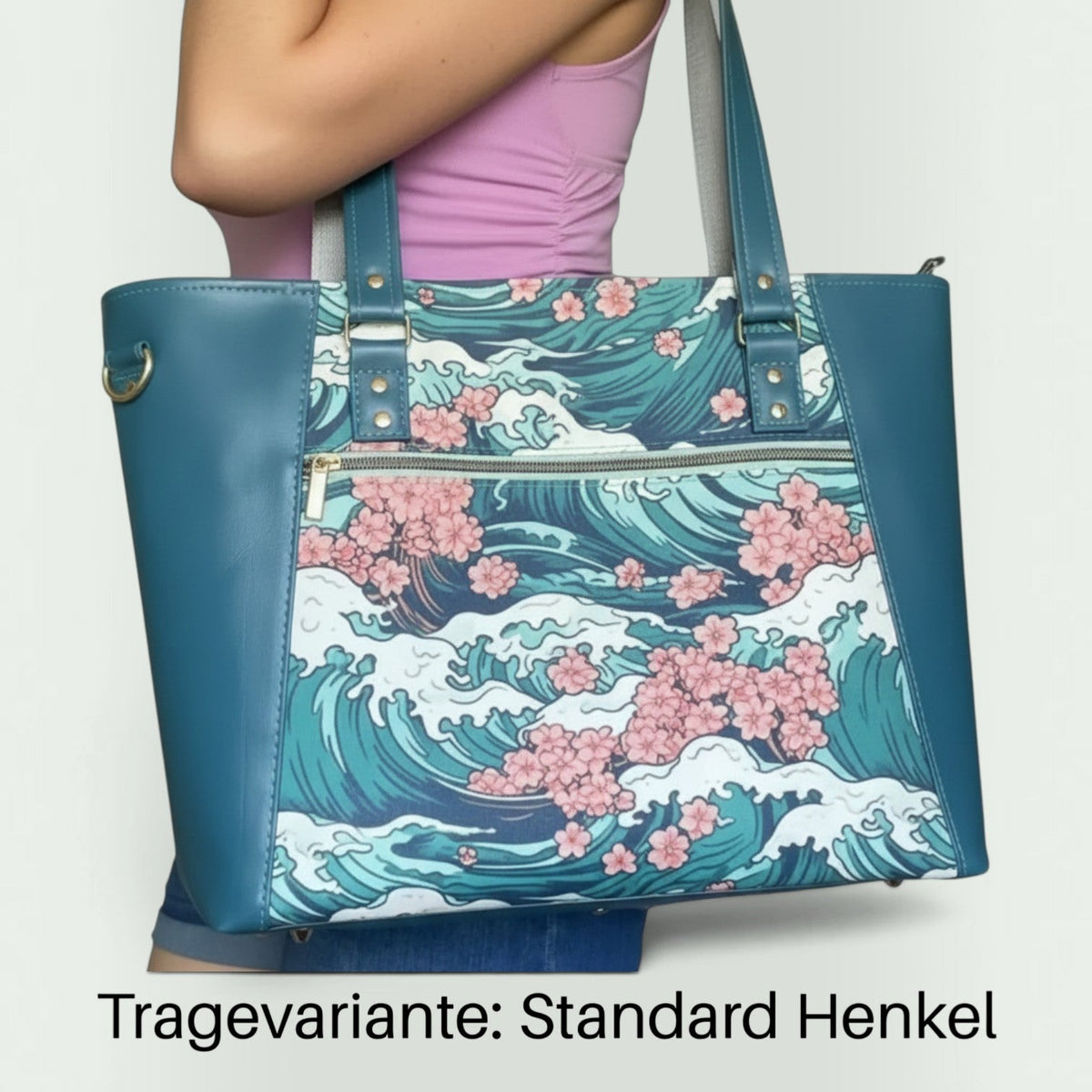 Schneckenschmiede Everyday Shopper Handtasche mit japanischem Wellen- und Kirschblütenmuster und Kunstlederhenkeln
