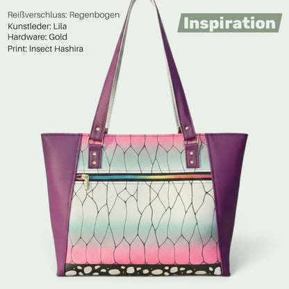 Schneckenschmiede Everyday Shopper Handtasche mit lila Kunstleder, Regenbogen-Reißverschluss und Insect Hashira Print