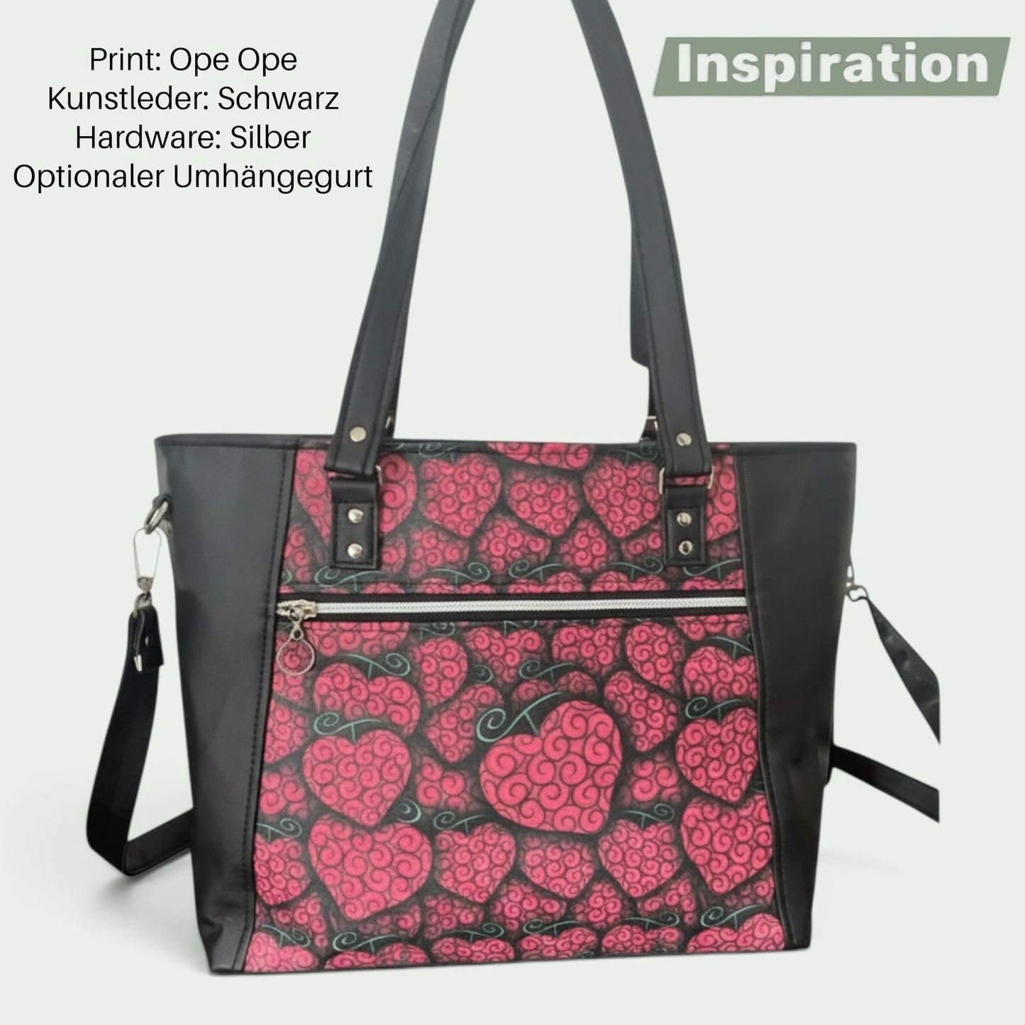Schneckenschmiede Everyday Shopper Tasche mit Ope Ope Print, schwarzem Kunstleder, silberner Hardware und Umhängegurt