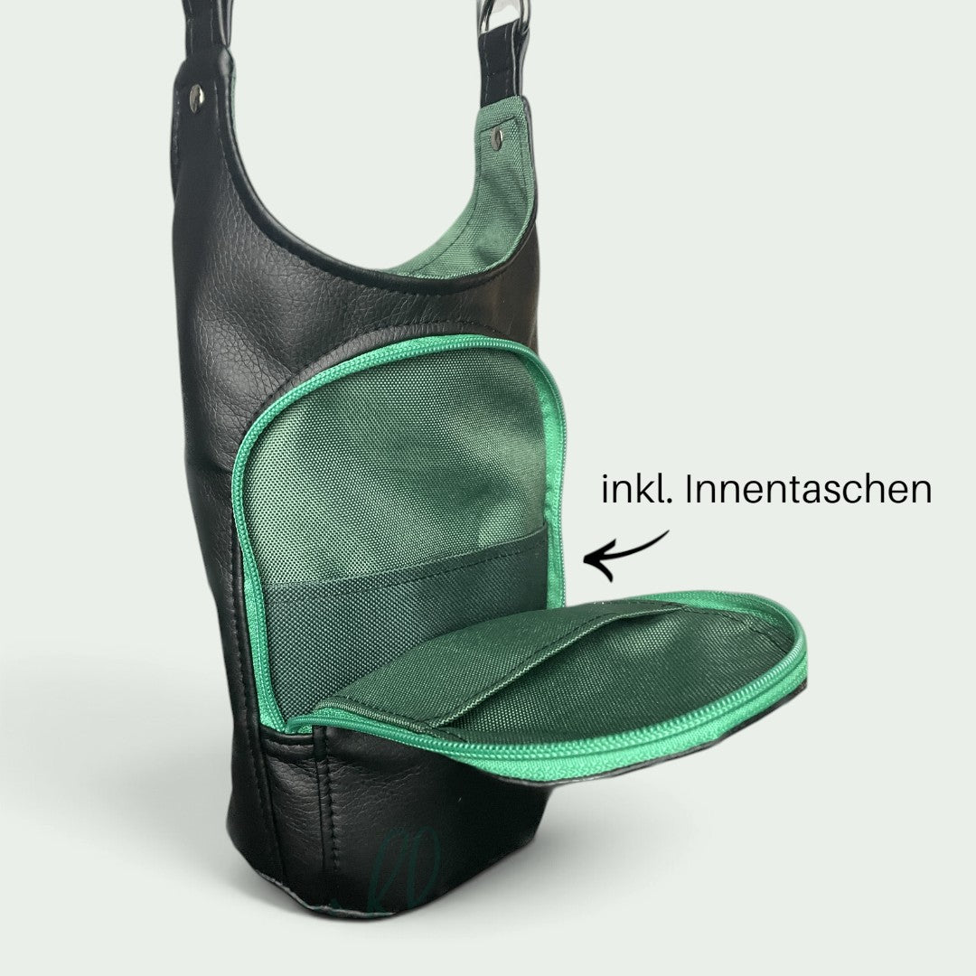 Schneckenschmiede H2O to go Umhängetasche in Schwarz mit grünem Innenfutter, Reißverschluss-Fronttasche und Einsteckfächern