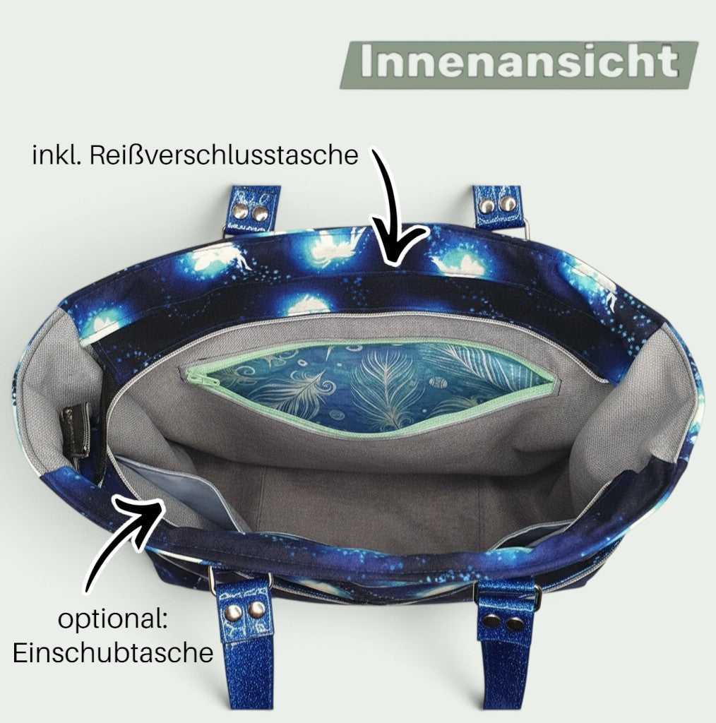 Innenansicht der Schneckenschmiede Handtasche Divina mit Reißverschlussfach und Einschubtasche im geräumigen Innenraum