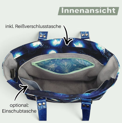 Innenansicht der Schneckenschmiede Handtasche Divina mit Reißverschlussfach und Einschubtasche im geräumigen Innenraum