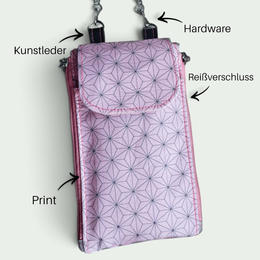 Schneckenschmiede Zip n Go Handytasche in Rosa mit geometrischem Muster, Kunstleder-Details und Reißverschlüssen.