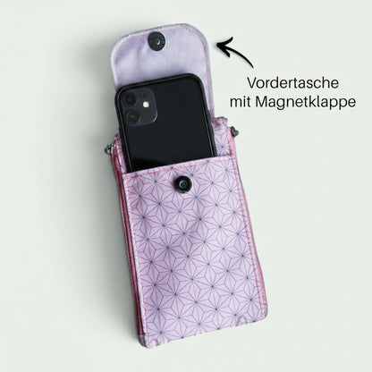 Schneckenschmiede Zip n Go Handytasche in Rosa mit geometrischem Muster, Magnetverschluss und Smartphone-Fach