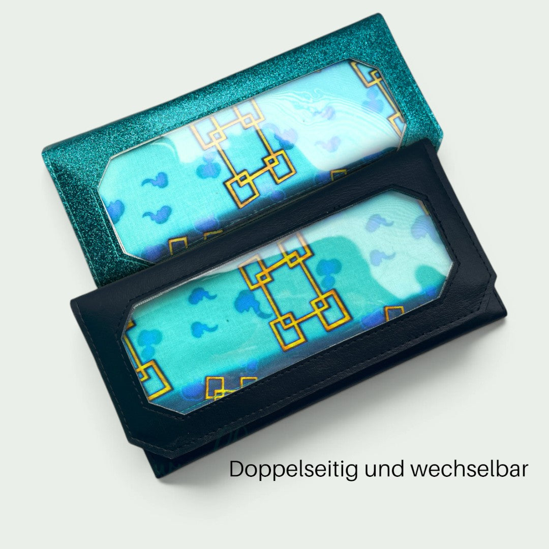 Schneckenschmiede ITA Portemonnaie Inserts mit blauem Muster und geometrischen goldenen Linien in zwei Rahmen