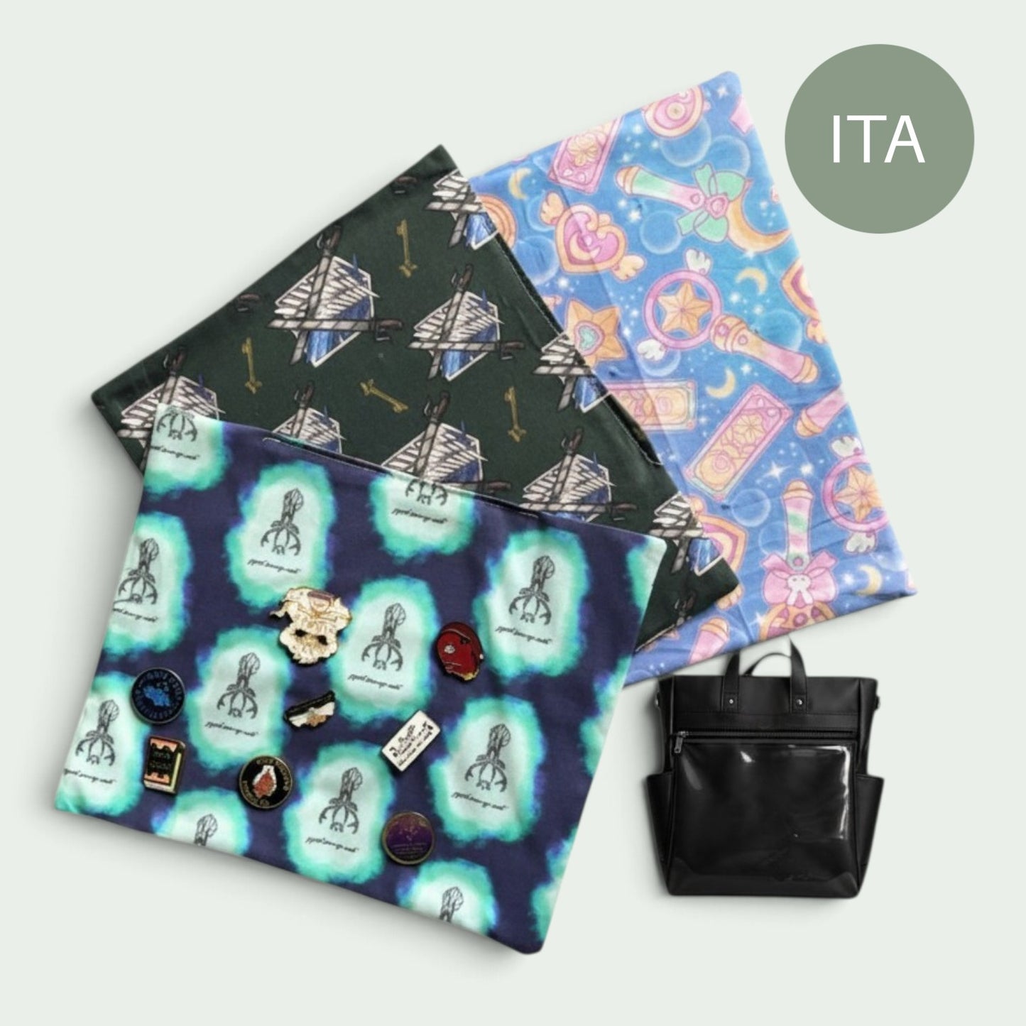 Schneckenschmiede doppelseitige Inserts für ITA Rucksack Trailblazer mit verschiedenen bunten Anime-Mustern und Pins