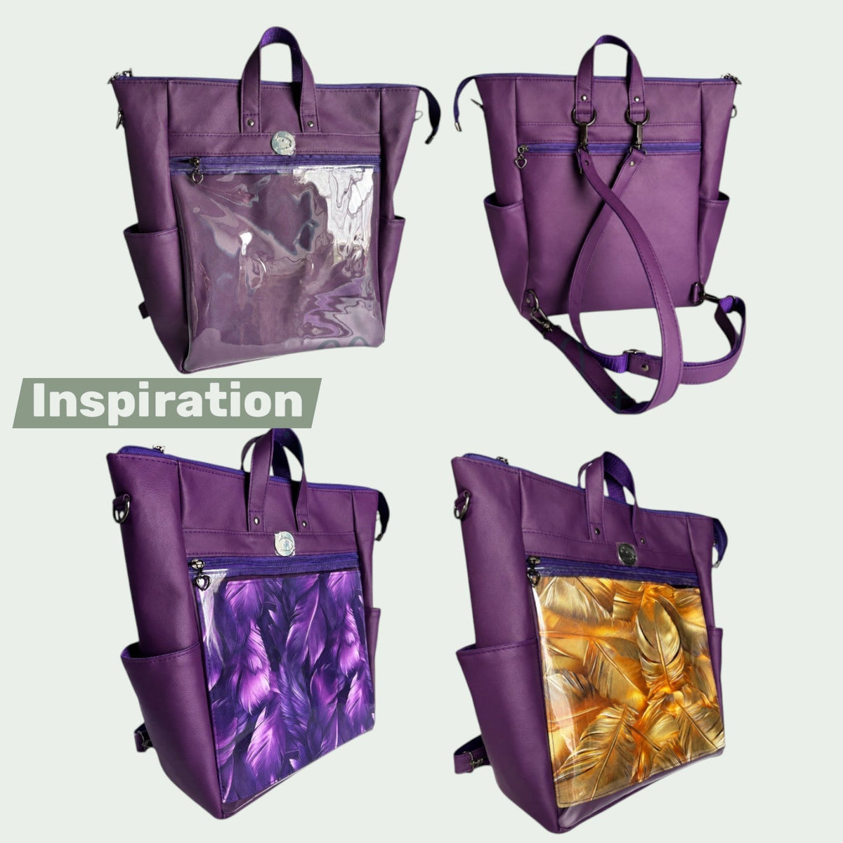 Schneckenschmiede ITA Rucksack in Lila mit transparentem Frontfach zur Präsentation von Pins und Buttons.