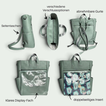 Schneckenschmiede ITA Rucksack in Salbeigrün mit transparentem Display-Fach, abnehmbaren Gurten und Pins-Insert.