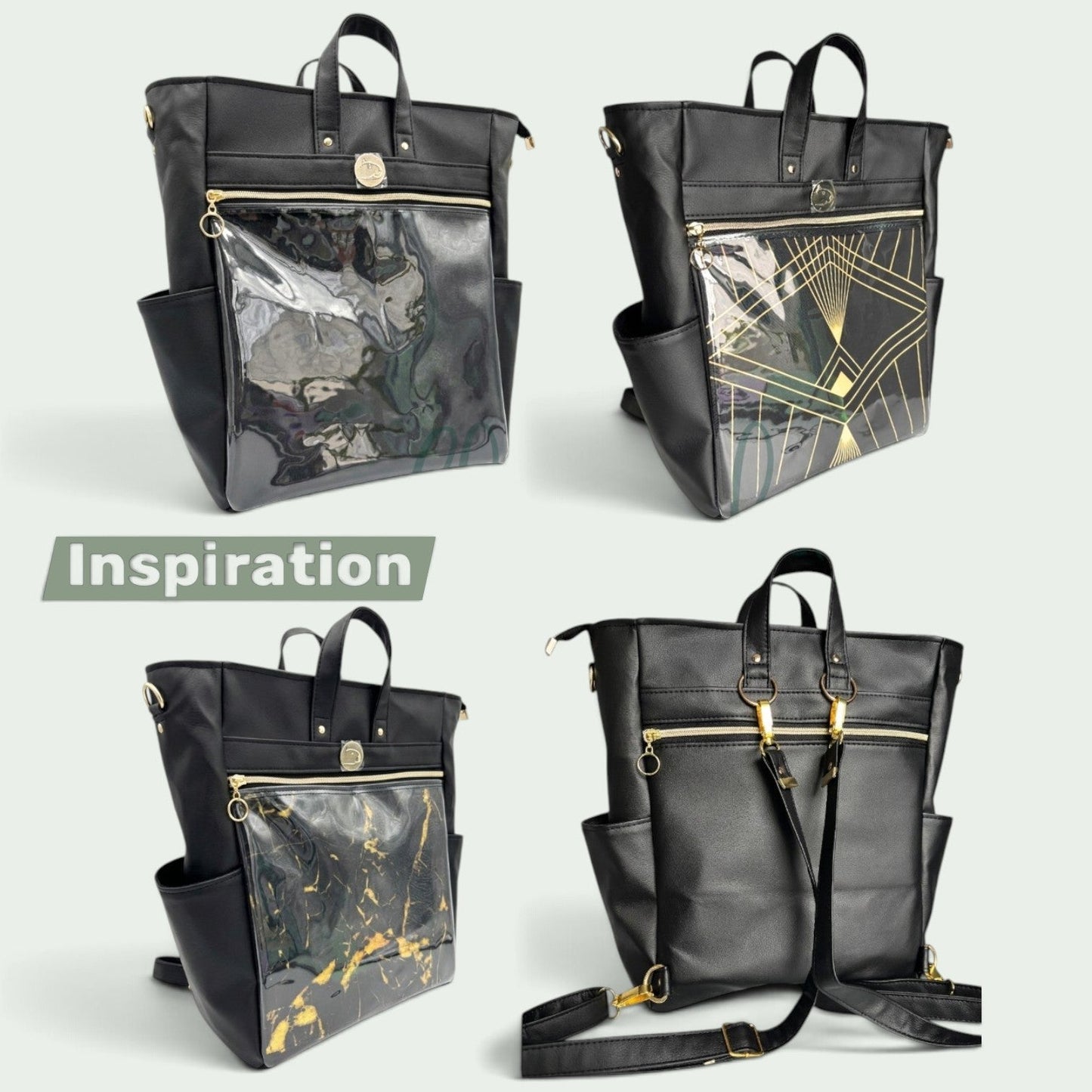 Schneckenschmiede ITA Rucksack in Schwarz mit transparentem Frontfach zur Präsentation von Pins und Buttons.
