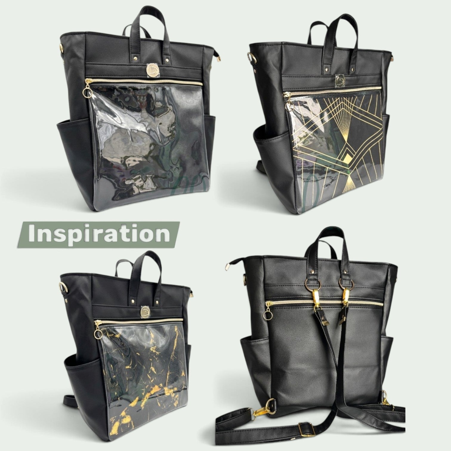 Schneckenschmiede ITA Rucksack in Schwarz mit transparentem Frontfach zur Präsentation von Pins und Buttons.