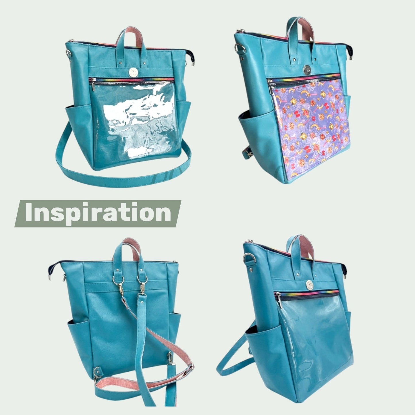 Schneckenschmiede ITA Rucksack in Türkis mit transparentem Frontfach für Pins und abnehmbaren Gurten als Umhängetasche