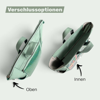 Schneckenschmiede ITA Rucksack Verschlussoptionen mit Reißverschluss oben und Innenansicht der Tasche