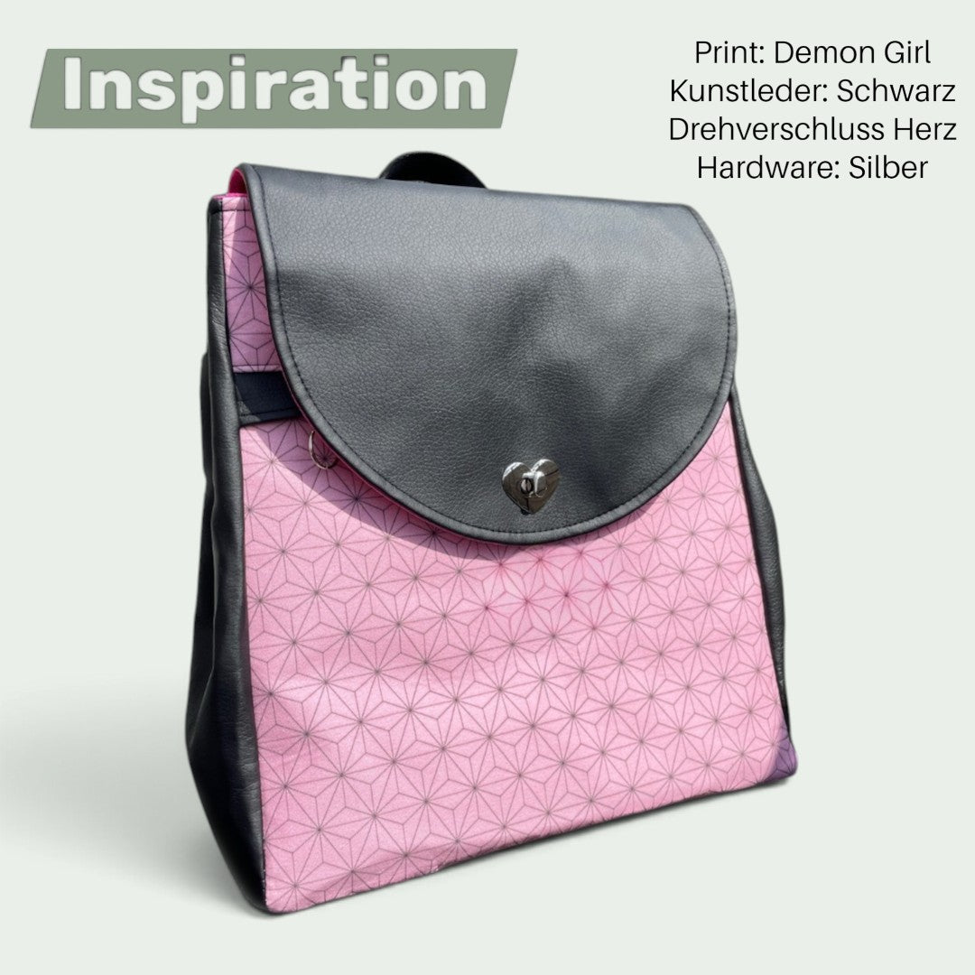 Schneckenschmiede Meraki Rucksack mit rosa Demon Girl Muster, schwarzem Kunstleder und silbernem Herz-Drehverschluss