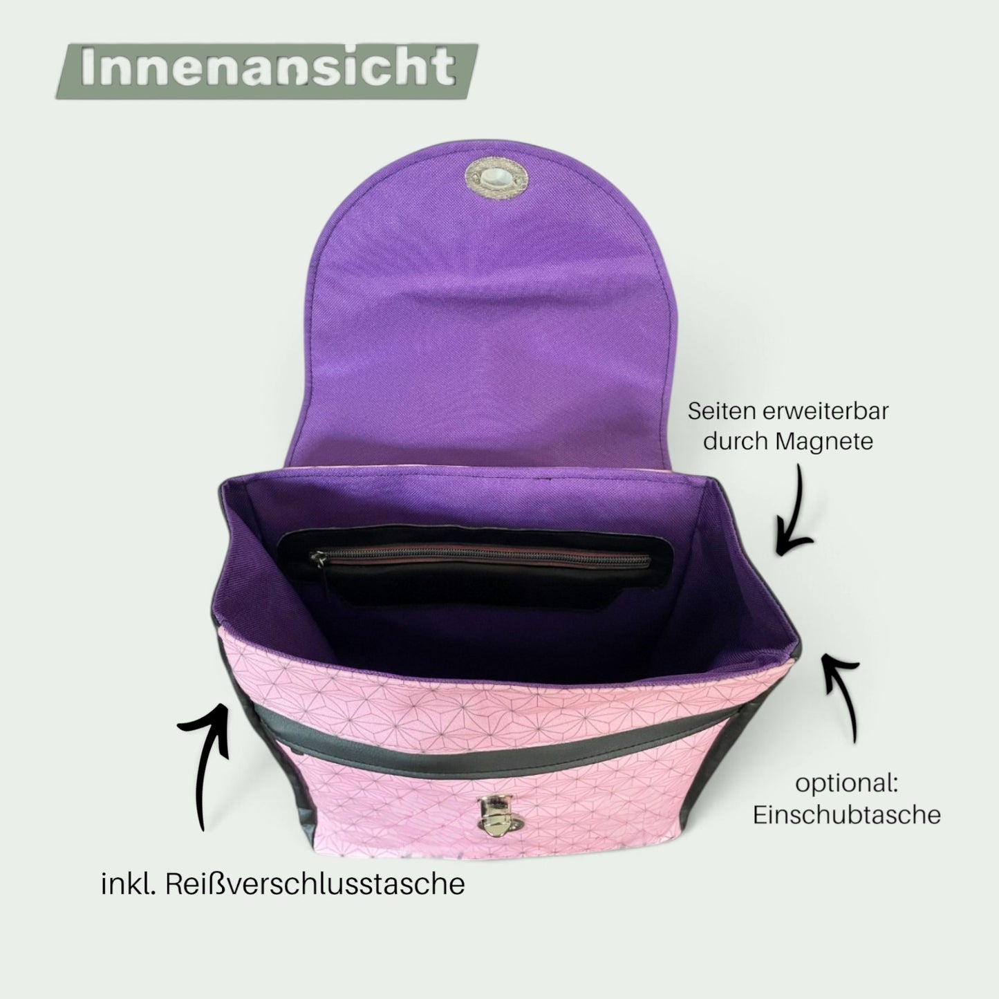 Schneckenschmiede Meraki Rucksack Innenansicht mit violettem Futter, Reißverschlussfach und erweiterbaren Seiten