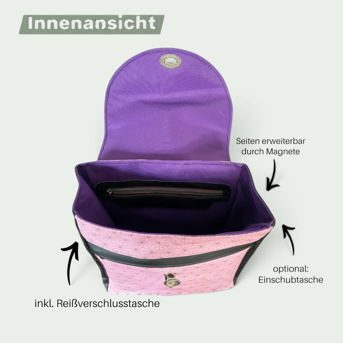 Schneckenschmiede Meraki Rucksack Innenansicht mit violettem Futter, Reißverschlussfach und erweiterbaren Seiten