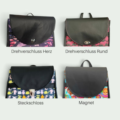 Schneckenschmiede Meraki Rucksack mit verschiedenen Verschlussarten und bunten Stoffmustern sowie schwarzem Kunstleder