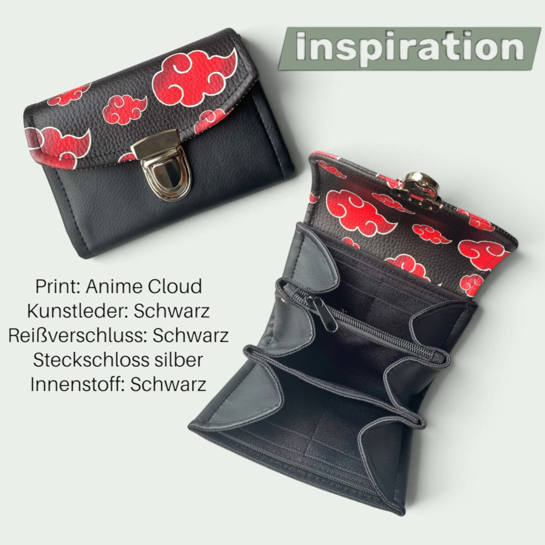 Schneckenschmiede Mini Portemonnaie mit schwarzem Kunstleder und rotem Anime-Wolken-Print, inklusive Steckschloss.