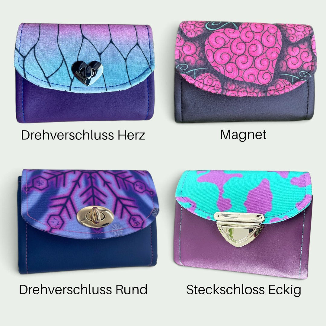 Schneckenschmiede Mini Portemonnaie aus schwarzem Kunstleder mit pinkem Ope Ope Herzmuster und Magnetverschluss