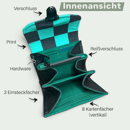 Schneckenschmiede Mini Portemonnaie im schwarz-türkisen Schachbrettmuster mit Reißverschlussfach und Kartenfächern