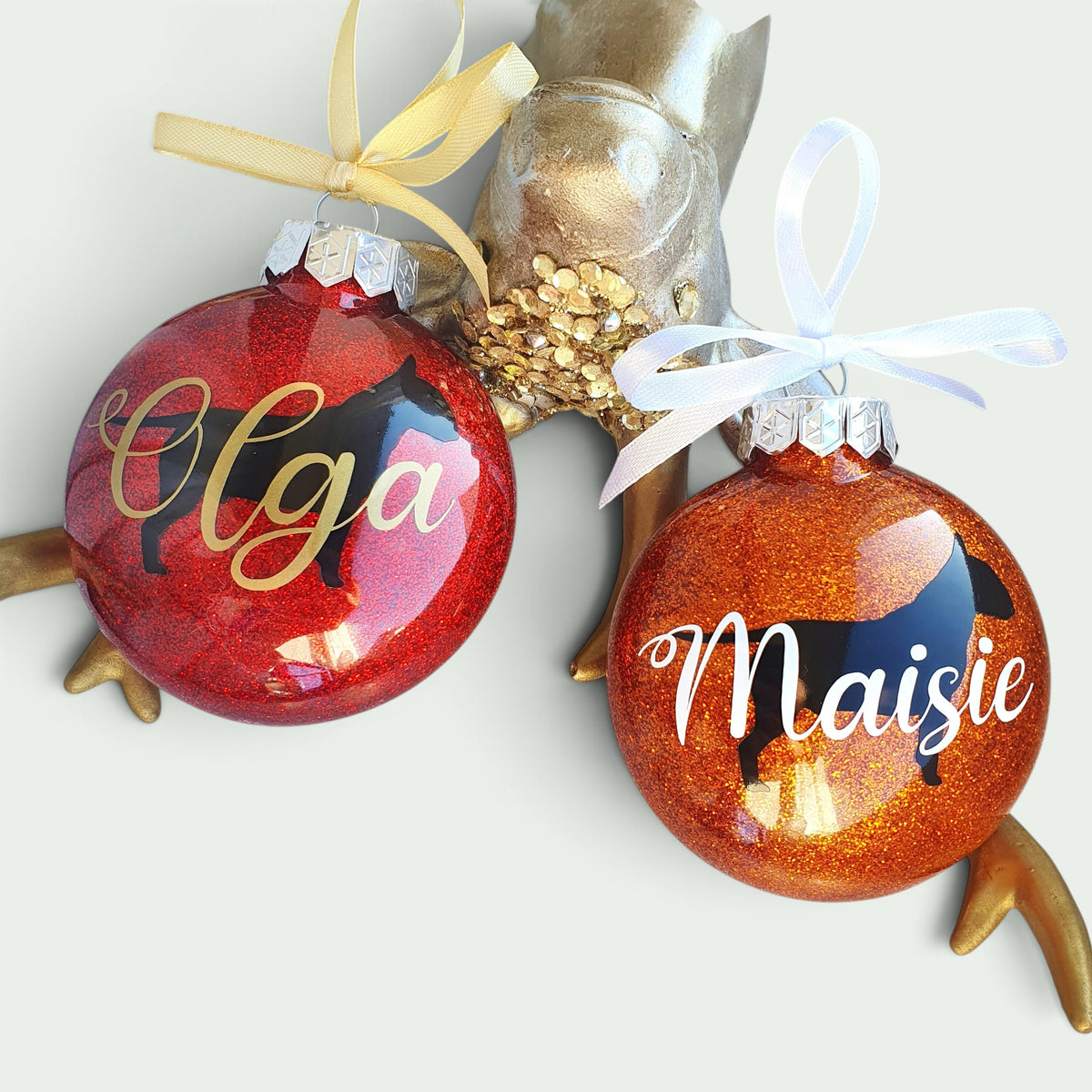 Schneckenschmiede personalisierte Weihnachtsornamente aus Kunststoff mit Glitzer und Namen sowie Tiersilhouetten