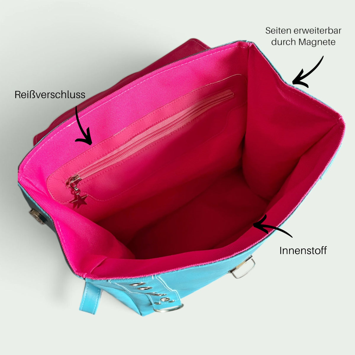 Schneckenschmiede Rucksack Innenansicht mit leuchtend pinkem wasserabweisendem Futter und Reißverschlussfach