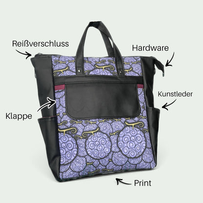 Schneckenschmiede 2-in-1 Rucksack mit lila Anime-Print, schwarzem Kunstleder, Fronttasche und Reißverschluss.