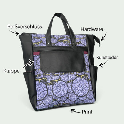 Schneckenschmiede 2-in-1 Rucksack mit lila Anime-Print, schwarzem Kunstleder, Fronttasche und Reißverschluss.