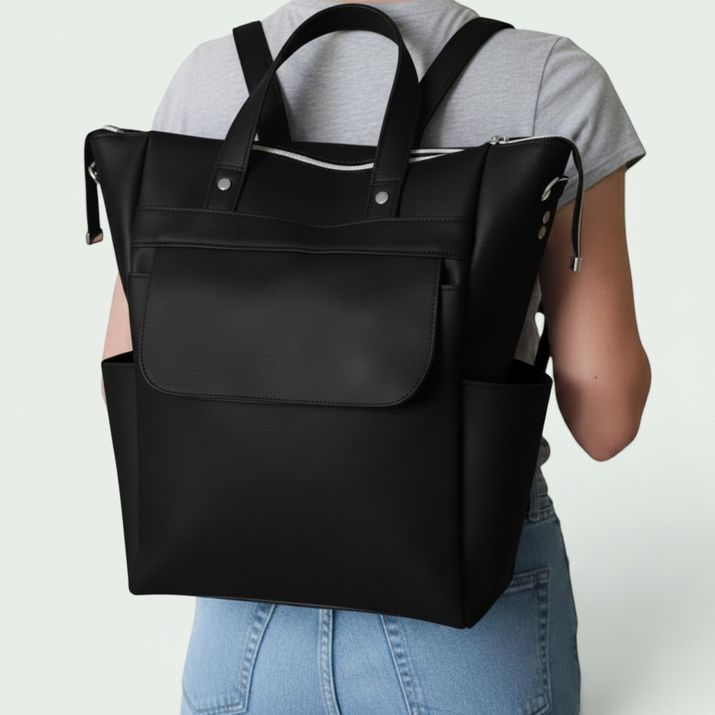 Schneckenschmiede 2-in-1 Rucksack mit schwarzem Kunstleder, Fronttasche und Reißverschluss. Convertible