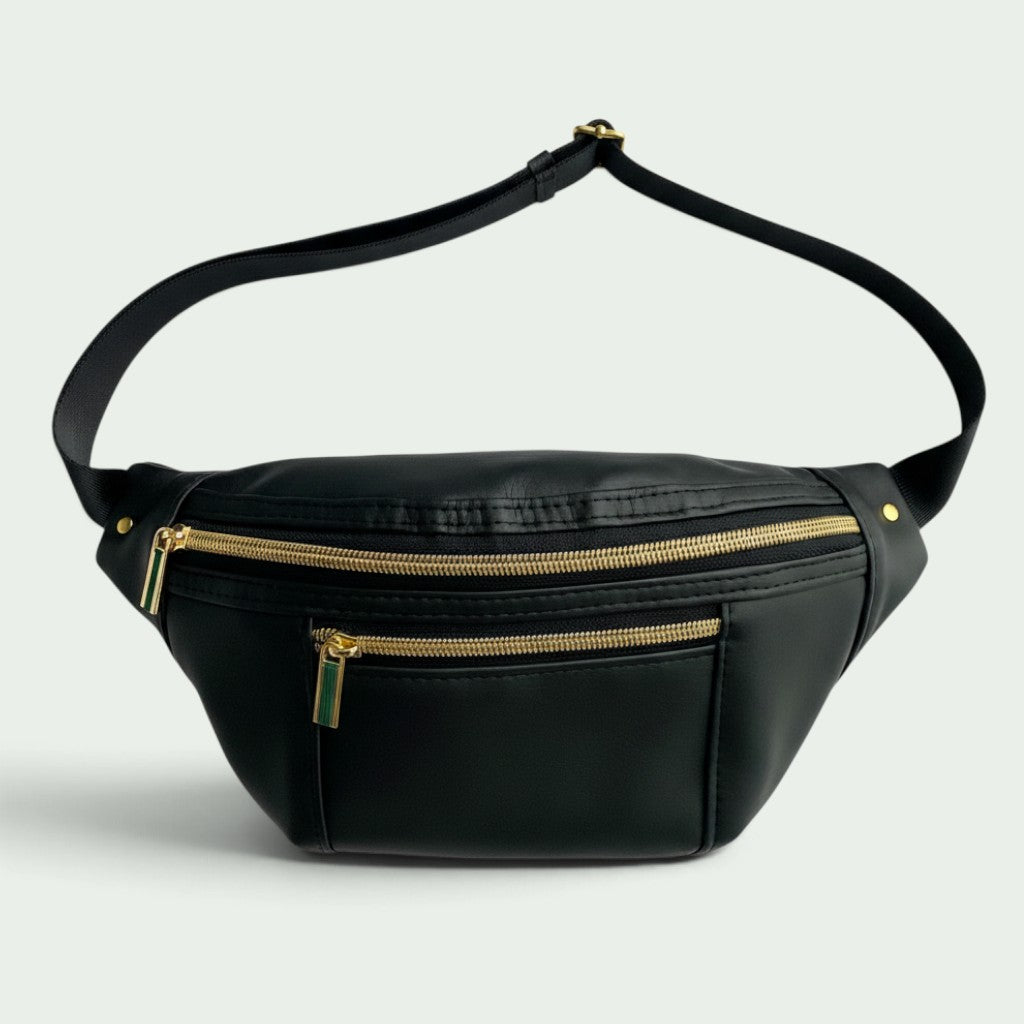 Schwarze Schneckenschmiede Bauchtasche aus Kunstleder mit goldenen Reißverschlüssen und verstellbarem Gurt