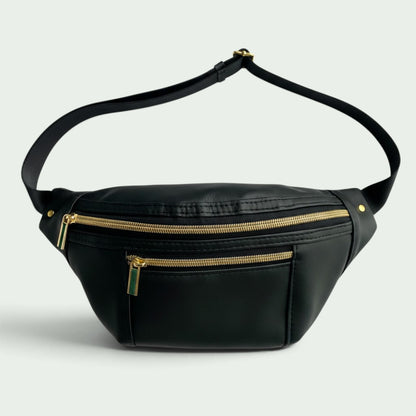 Schwarze Schneckenschmiede Bauchtasche aus Kunstleder mit goldenen Reißverschlüssen und verstellbarem Gurt