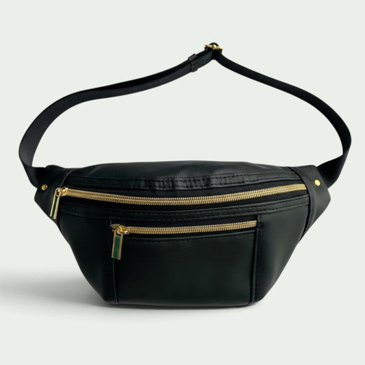 Schwarze Schneckenschmiede Bauchtasche aus Kunstleder mit goldenen Reißverschlüssen und verstellbarem Gurt