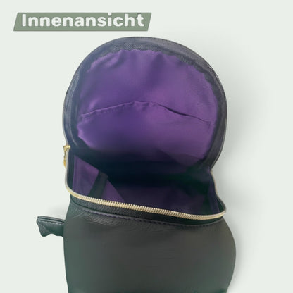 Schneckenschmiede Wayfarer Sling Bag Innenansicht mit violettem Innenfutter und Reißverschlussfach