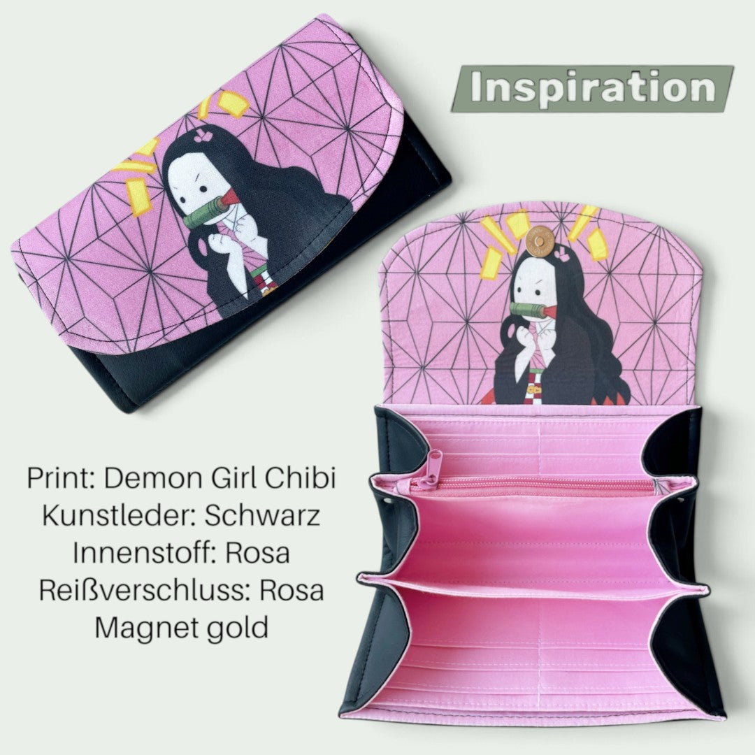 Schneckenschmiede Standard Portemonnaie mit Demon Girl Chibi Print, schwarzem Kunstleder und rosa Innenfutter
