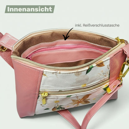 Schneckenschmiede Sunshine Umhängetasche Innenansicht mit Reißverschlussfach, rosa Kunstleder und Blumenstoff