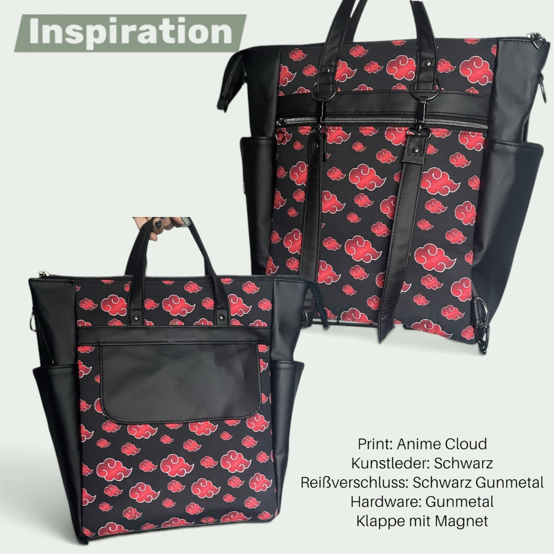 Schneckenschmiede 2-in-1 Rucksack und Umhängetasche mit Anime-Wolken-Print, schwarzem Kunstleder und Gunmetal-Details.