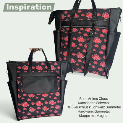 Schneckenschmiede 2-in-1 Rucksack und Umhängetasche mit Anime-Wolken-Print, schwarzem Kunstleder und Gunmetal-Details.