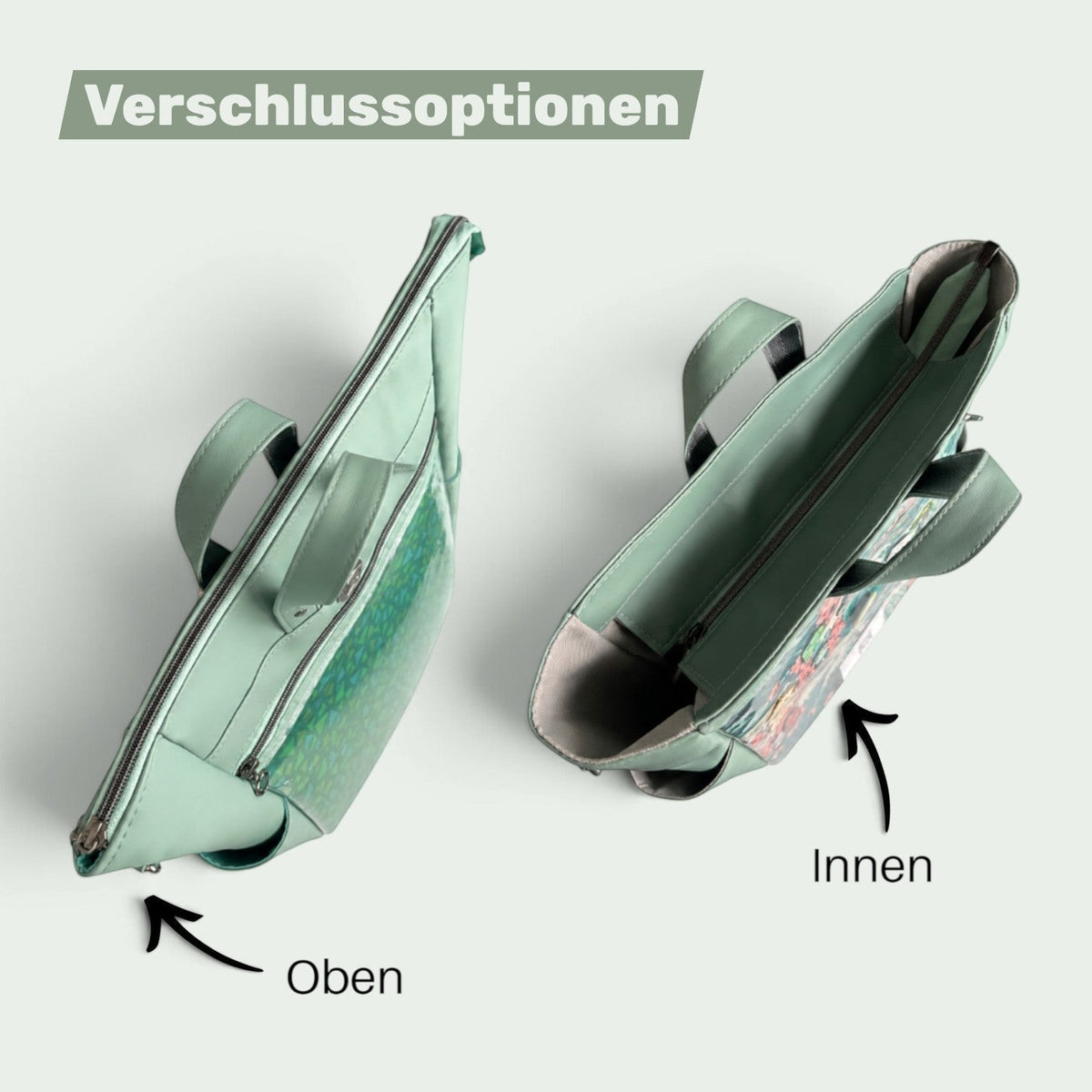 Schneckenschmiede Trailblazer Rucksack mit zwei Verschlussoptionen, mintgrünes Kunstleder und Reißverschluss.
