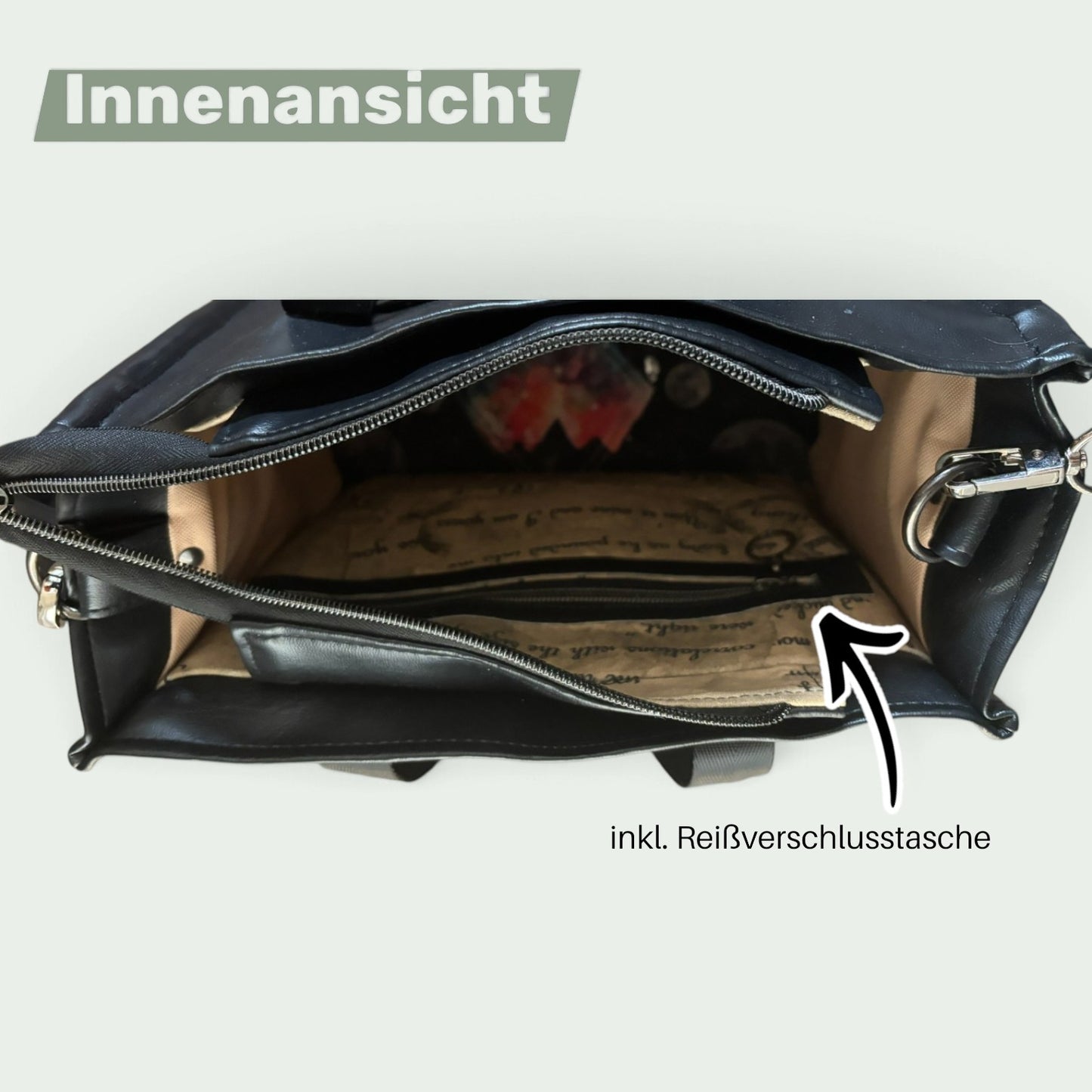 Schneckenschmiede Transponster Umhängetasche aus schwarzem Kunstleder mit Reißverschlussfach und beigem Innenfutter