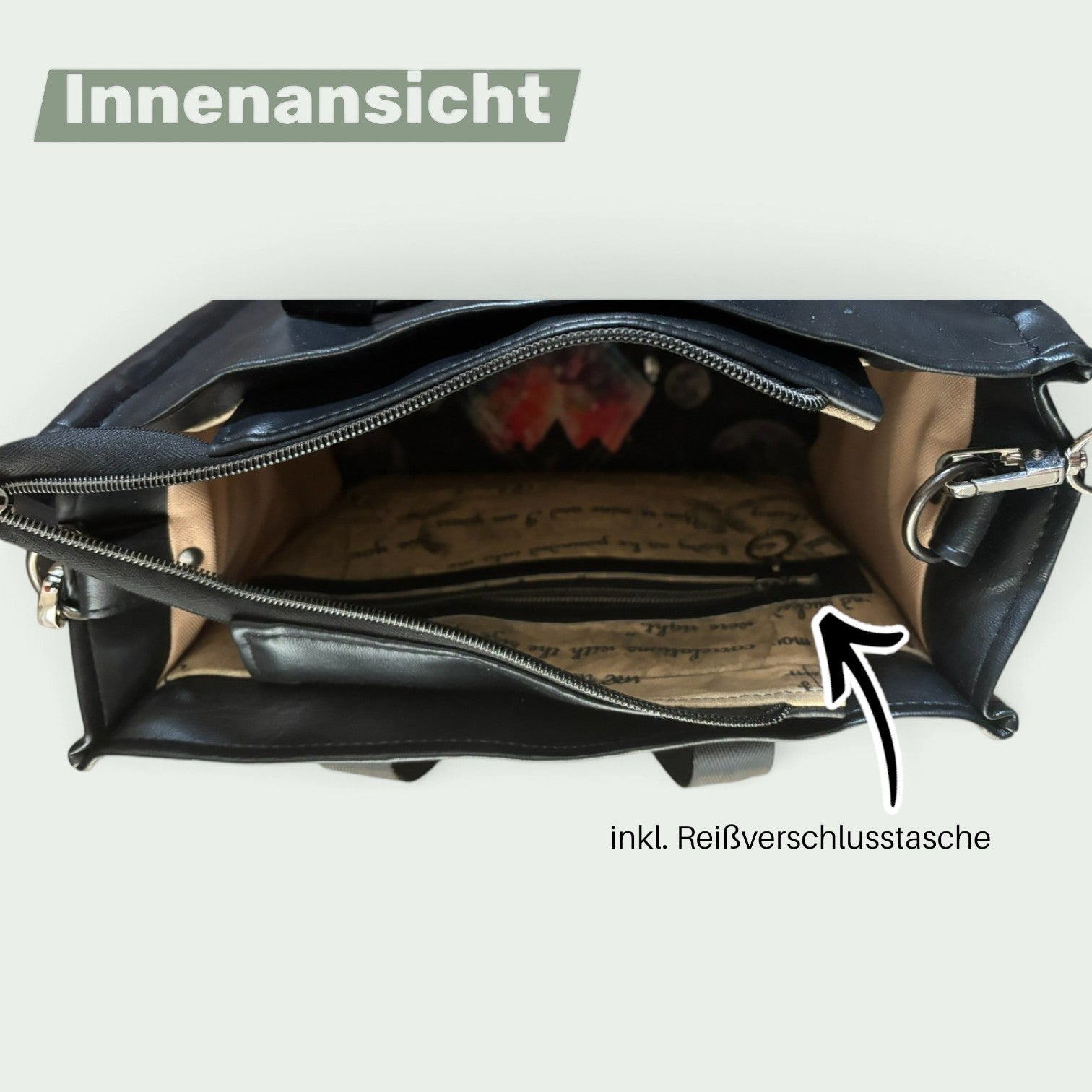 Schneckenschmiede Transponster Umhängetasche aus schwarzem Kunstleder mit Reißverschlussfach und beigem Innenfutter
