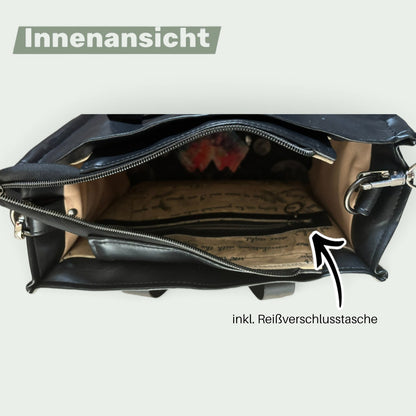 Schneckenschmiede Transponster Umhängetasche aus schwarzem Kunstleder mit Reißverschlussfach und beigem Innenfutter