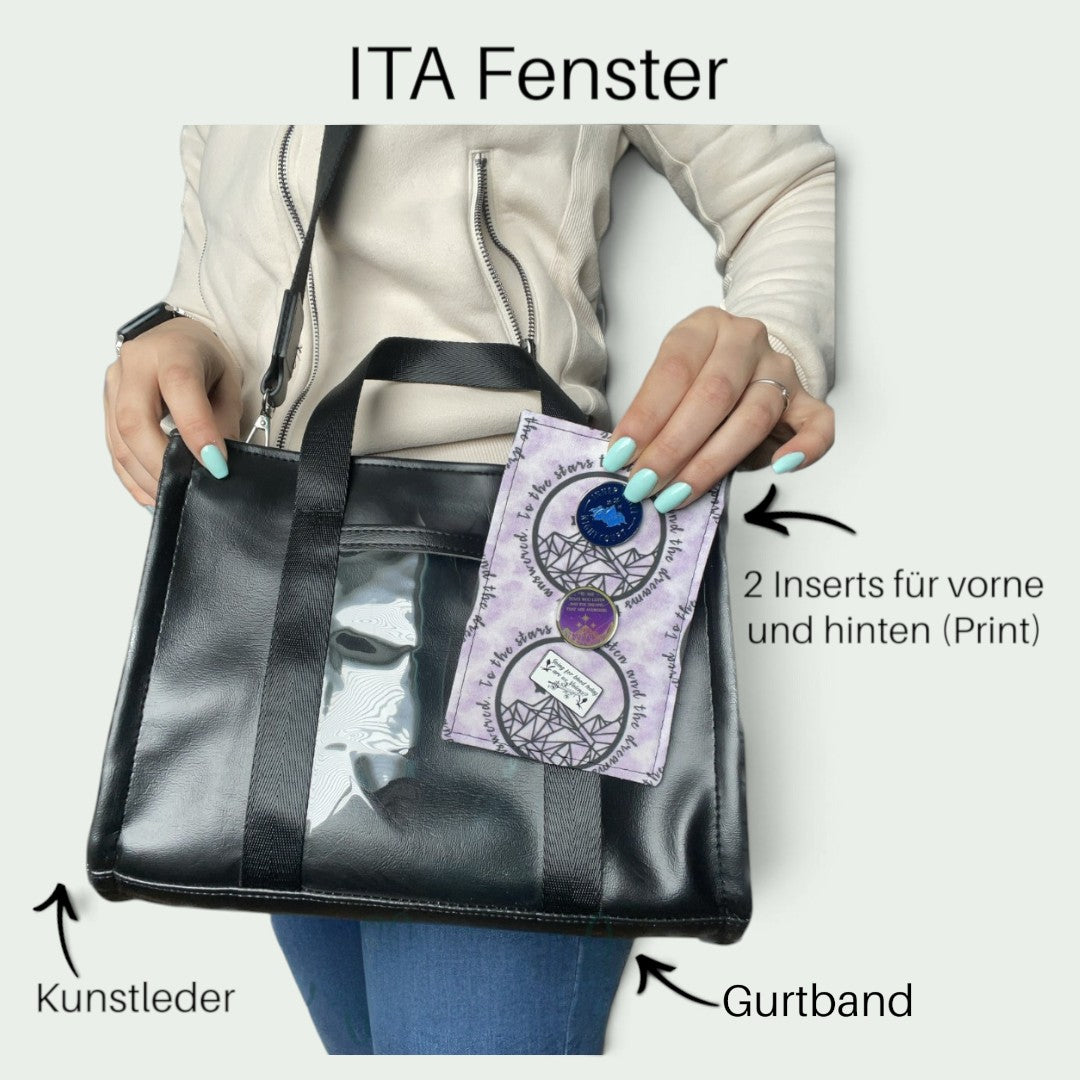 Schneckenschmiede Transponster Umhängetasche aus schwarzem Kunstleder mit ITA-Fach für Pins und Stoff-Insert