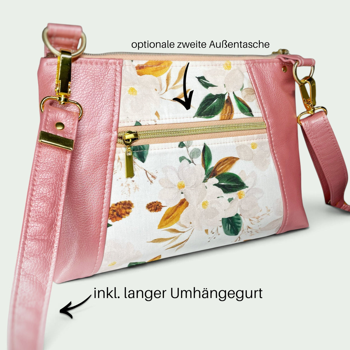 Schneckenschmiede Umhängetasche Sunshine mit Blumenmuster, rosa Kunstleder-Akzenten, Reißverschluss und verstellbarem Gurt.