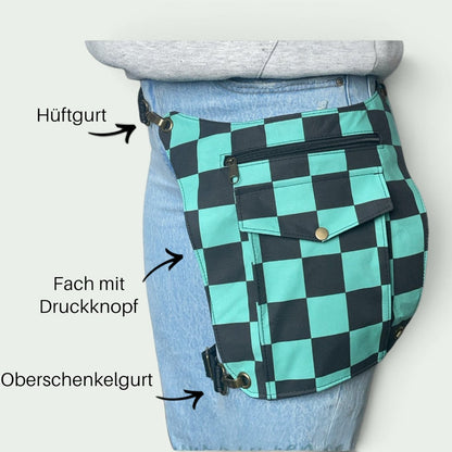 Schneckenschmiede Whippersnapper Hüfttasche mit türkis-schwarzem Schachbrettmuster, Reißverschluss und Druckknopf